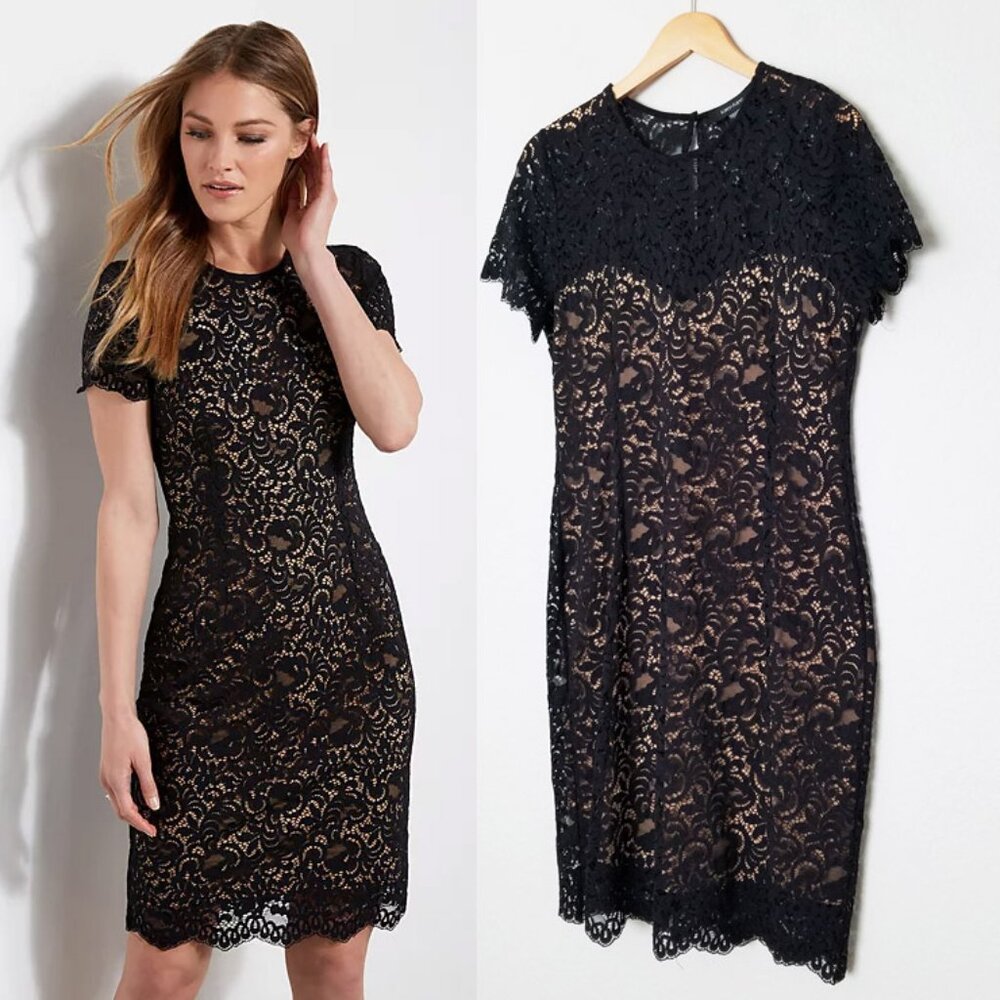 Karen Kane Paris Lace Dress XL Black Nude Overlay $139 Cocktail Wedding Party